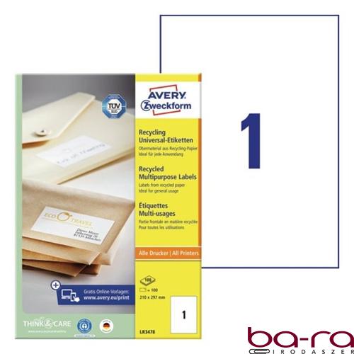 Etikett AVERY LR3478 210x297mm környezetbarát 100 címke/doboz 100 ív/doboz