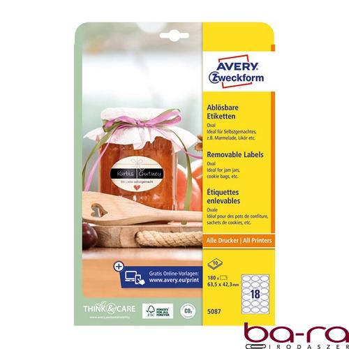 Etikett AVERY L5087  63,5x42,3 mm ovális visszaszedhető 10 ív/csomag
