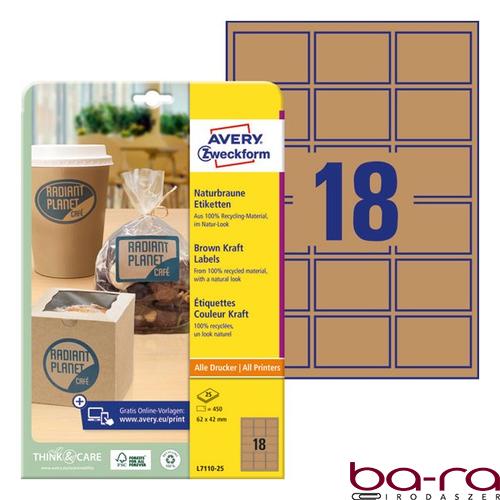 Etikett AVERY L7110-25 62x42mm termék címke környezetbarát barna kraft 450 címke/doboz 25 ív/doboz