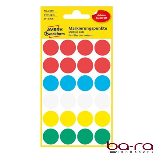 Etikett AVERY 3089 öntapadó jelölőpont vegyes 5 szín 18 mm 96 jelölőpont/csomag