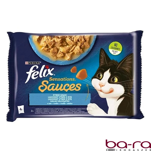 Állateledel alutasakos FELIX Sensations Sauces macskáknak 4-pack halas tőkehal-szardínia válogatás szószban 4x85 g