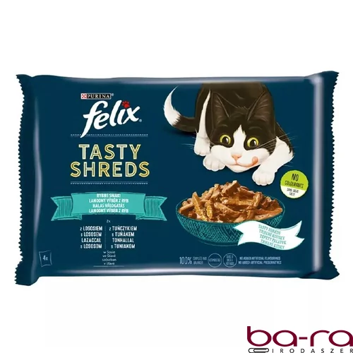 Állateledel alutasakos FELIX Tasty Shreds macskáknak 4-pack halas lazac-tonhal válogatás szószban 4x80 g