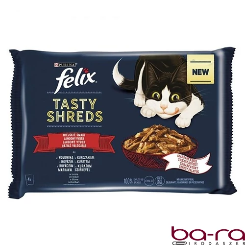 Állateledel alutasakos FELIX Tasty Shreds macskáknak 4-pack házias marha-csirke válogatás szószban 4x80 g