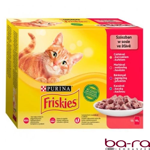 Állateledel alutasakos PURINA Friskies macskáknak csirke-marha-bárány-kacsa 12x85 g