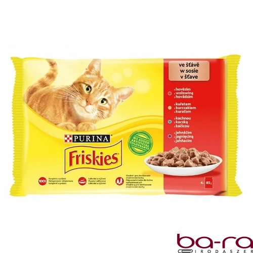 Állateledel alutasakos PURINA Friskies macskáknak csirke-marha-bárány-kacsa 4x85 g
