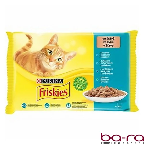 Állateledel alutasakos PURINA Friskies macskáknak lazac-tonhal-tőkehal-szardínia 4x85 g
