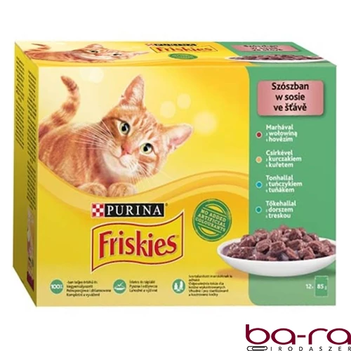 Állateledel alutasakos PURINA Friskies macskáknak marha-csirke-tonhal-tőkehal 12x85 g