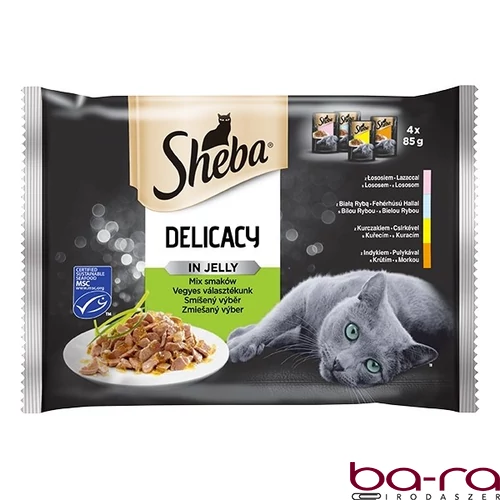 Állateledel alutasakos SHEBA Delicacy macskáknak 4-pack vegyes lazac-hal-csirke-pulyka válogatás 4x85 g