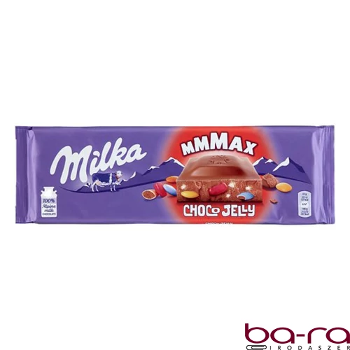 Csokoládé MILKA MMMax ChocoJelly meggyes zselédarabos-cukordrazsés 250 g