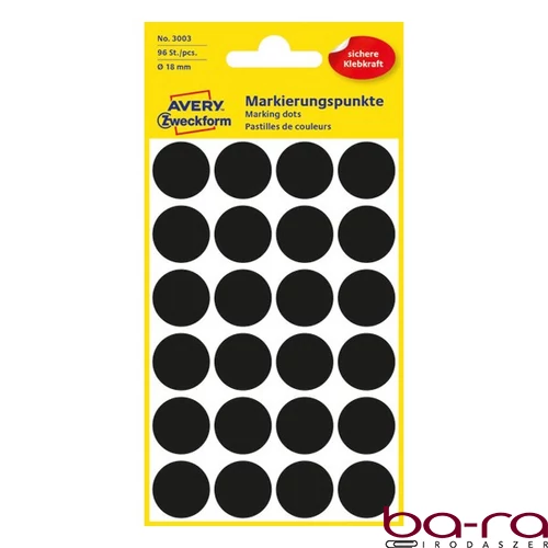 Etikett AVERY 3003 jelölőpont 18 mm fekete 96 címke/doboz 4 ív/doboz