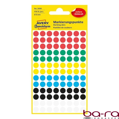 Etikett AVERY 3090 öntapadó jelölőpont vegyes 6 szín 8mm 416 jelölőpont/csomag