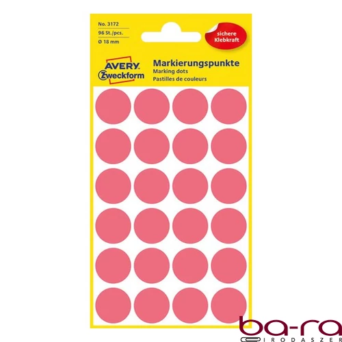 Etikett AVERY 3172 jelölőpont 18mm neon piros 96 címke/doboz 4 ív/doboz