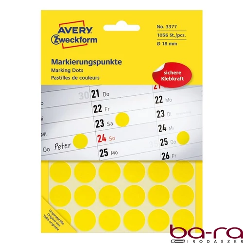 Etikett AVERY 3377 öntapadó jelölőpont sárga 18mm 1056 jelölőpont/csomag