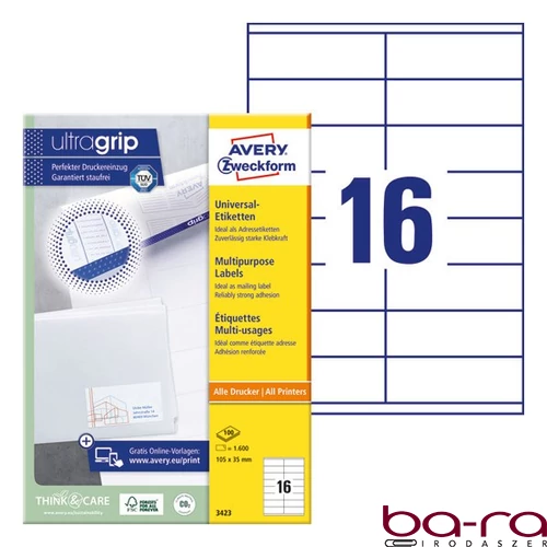 Etikett AVERY 3423 105x35mm univerzális 1600 címke/doboz 100 ív/doboz