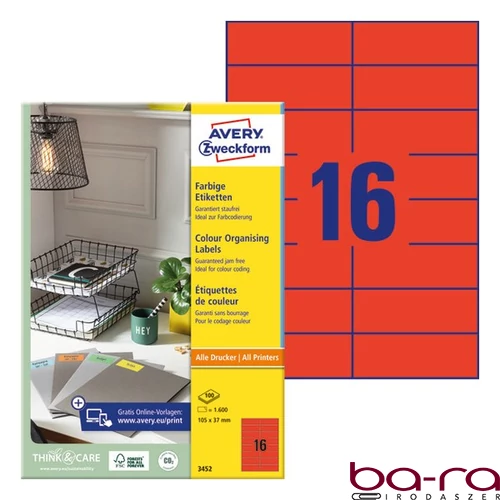Etikett AVERY 3452 105x37mm univerzális piros 1600 címke/doboz 100 ív/doboz