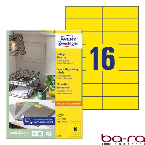 Etikett AVERY 3455 105x37mm univerzális sárga 1600 címke/doboz 100 ív/doboz