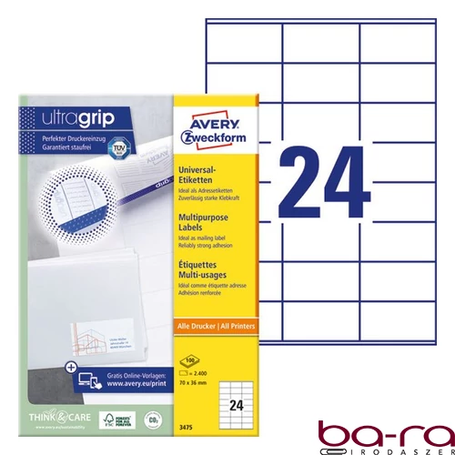 Etikett AVERY 3475 70x36mm univerzális 2400 címke/doboz 100 ív/doboz