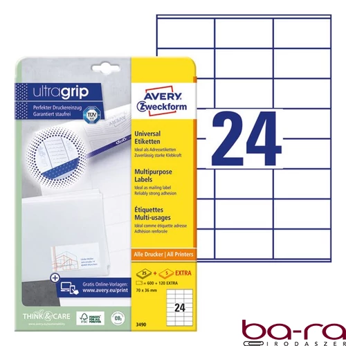 Etikett AVERY 3490 70x36 mm fehér univerzális  720 címke/doboz 30 ív/doboz