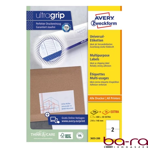 Etikett AVERY 3655-200 210x148 mm fehér univerzális 440 címke/doboz 200+20 ív/doboz
