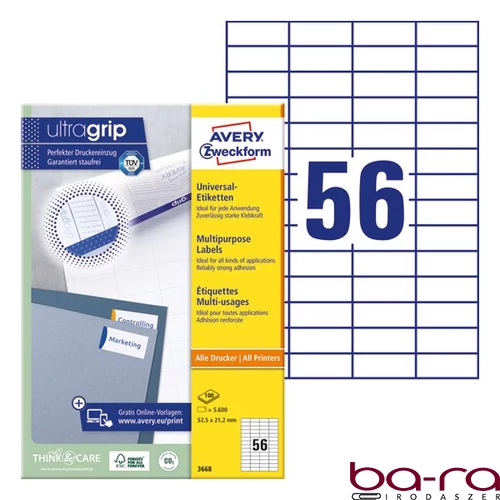 Etikett AVERY 3668 52,5x21,2mm univerzális 5600 címke/doboz 100 ív/doboz