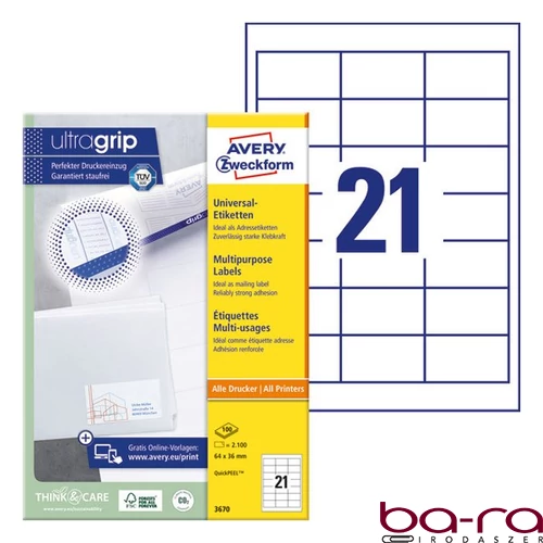 Etikett AVERY 3670 64x36mm univerzális 2100 címke/doboz 100 ív/doboz