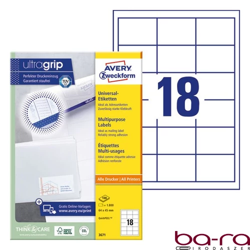 Etikett AVERY 3671 64x45 mm fehér univerzális  1800 címke/doboz 100 ív/doboz