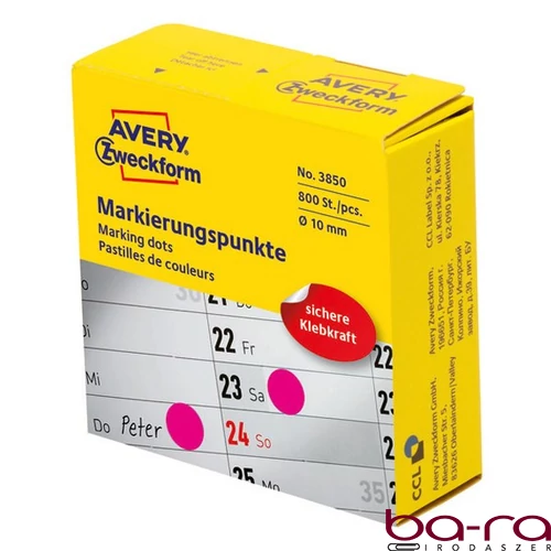Etikett AVERY 3850 öntapadó jelölőpont adagoló dobozban pink 10mm 800 jelölőpont/doboz