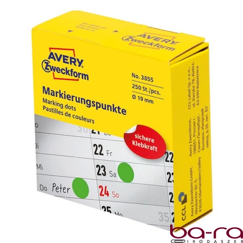 Etikett AVERY 3855 öntapadó jelölőpont adagoló dobozban zöld 19mm 250 jelölőpont/doboz