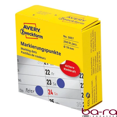 Etikett AVERY 3857 öntapadó jelölőpont adagoló dobozban kék 19mm 250 jelölőpont/doboz