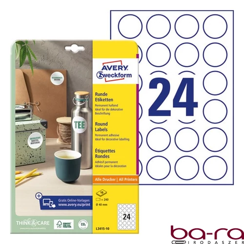 Etikett AVERY L3415-10 kör alakú 40 mm átmérő 240 címke/doboz 10 ív/doboz