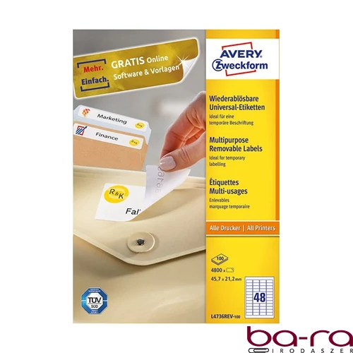 Etikett AVERY L4736REV-100 45,7x21,2 mm univerzális visszaszedhető 4800 címke/doboz 100 ív/doboz