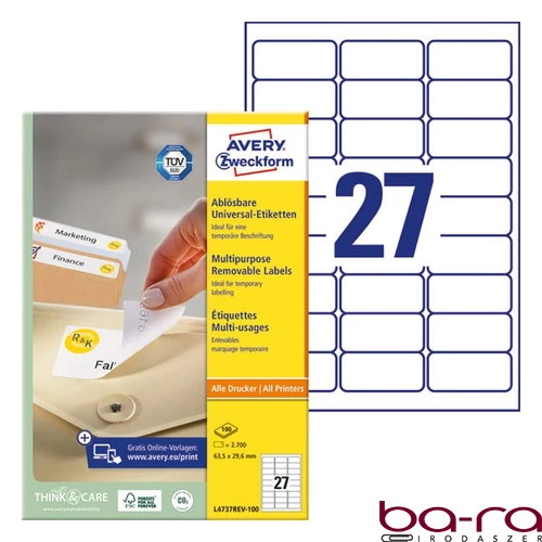 Etikett AVERY L4737REV-100 63,5x29,6 mm univerzális visszaszedhető 2700 címke/doboz 100 ív/doboz