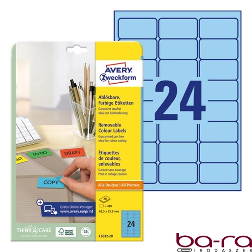 Etikett AVERY L6032-20 63,5x33,9mm univerzális kék 480 címke/doboz 20 ív/doboz