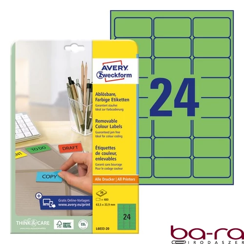 Etikett AVERY L6033-20 63,5x33,9mm univerzális zöld 480 címke/doboz 20 ív/doboz