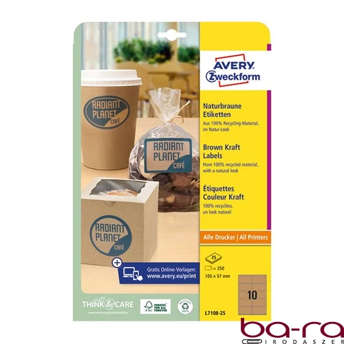 Etikett AVERY L7108-25 105x57 mm újrahasznosított barna kraft 25 íves