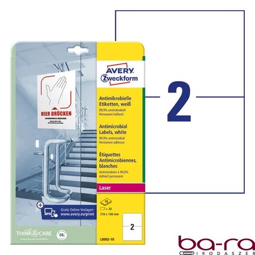 Etikett AVERY L8002-10 210x148mm antimikrobiális fehér 20 címke/doboz 10 ív/doboz