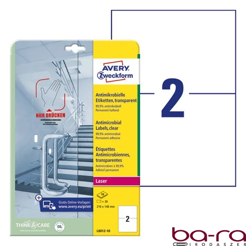 Etikett AVERY L8012-10 210x148mm antimikrobiális átlátszó 20 címke/doboz 10 ív/doboz