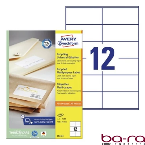 Etikett AVERY LR3424 105x48mm környezetbarát 1200 címke/doboz 100 ív/doboz