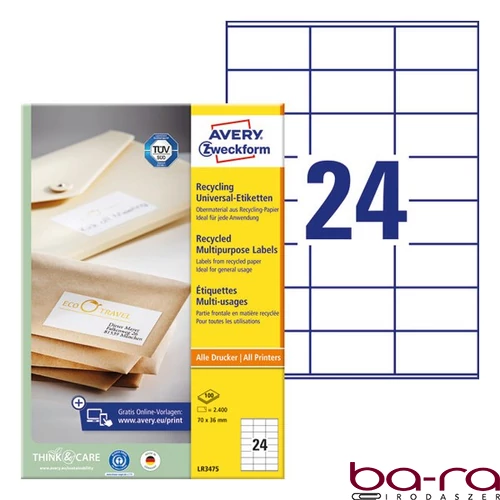 Etikett AVERY LR3475 70x36 mm környezetbarát 2400 címke/doboz 100 ív/doboz
