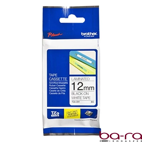 Feliratozó szalag BROTHER TZe-231 12mmx8m laminált fehér alapon fekete írásszín
