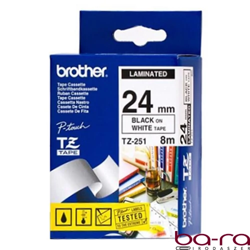 Feliratozó szalag BROTHER TZe-251 24mmx8m laminált fehér alapon fekete írásszín