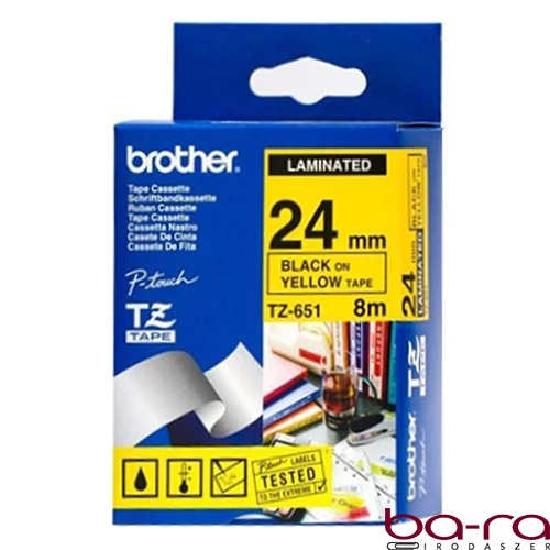 Feliratozó szalag BROTHER TZe-651 24mmx8m laminált sárga alapon fekete írásszín