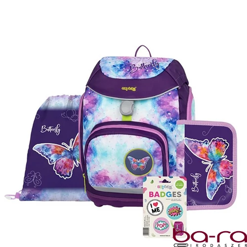 Iskolatáska szett OXY SHERPY 4 részes Butterfly tolltartóval, tornazsákkal és cserélhető matricával