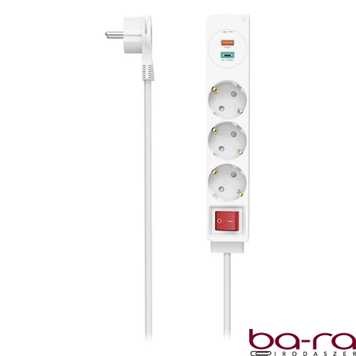 Kábel hosszabbító HAMA 3 aljzat + USB-C/USB-A 1,4m kapcsolóval fehér