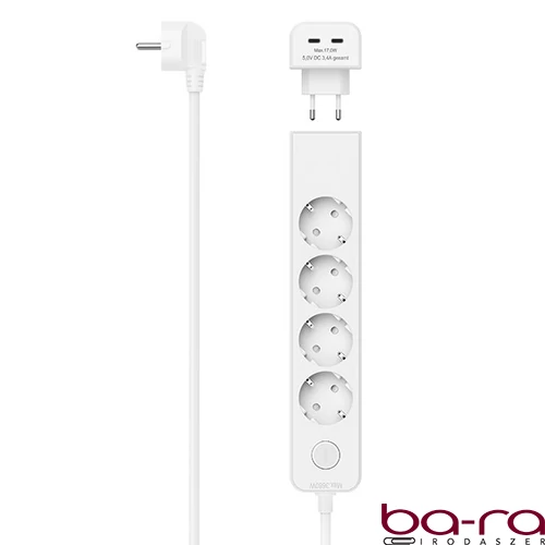Kábel hosszabbító HAMA 5 aljzat + 2xUSB-C 1,4m kapcsolóval fehér