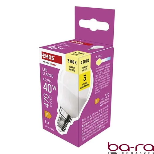 LED izzó EMOS E14 kisgömb 4,2W meleg fény 2700K