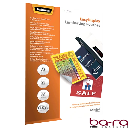 Lamináló fólia FELLOWES A/3 Admire Easy Display 80 mikron fényes öntapadó 25 darabos