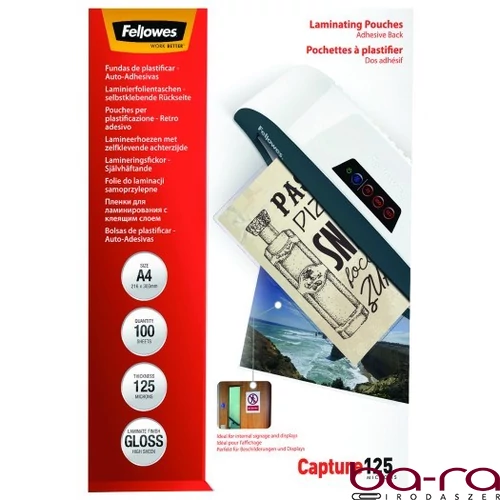 Lamináló fólia FELLOWES A/4 125 mikron fényes öntapadó 100/csom
