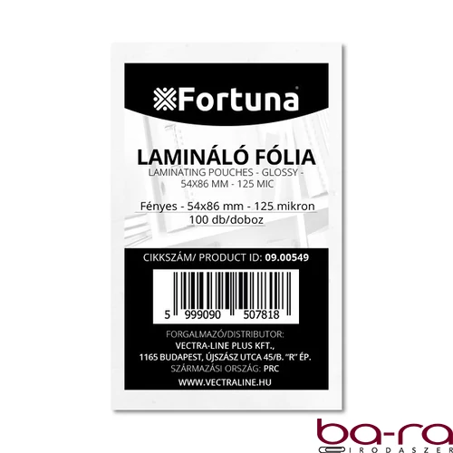 Lamináló fólia FORTUNA 54x86mm 125 mikron fényes 100/dob