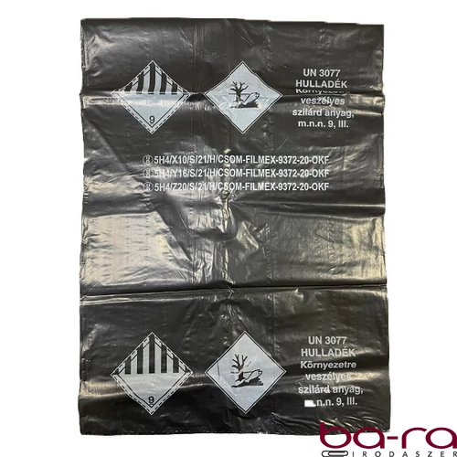 Minősített ADR hulladék gyűjtőzsák újrahasznosított PE barcas 95 x125 cm 60mc fekete